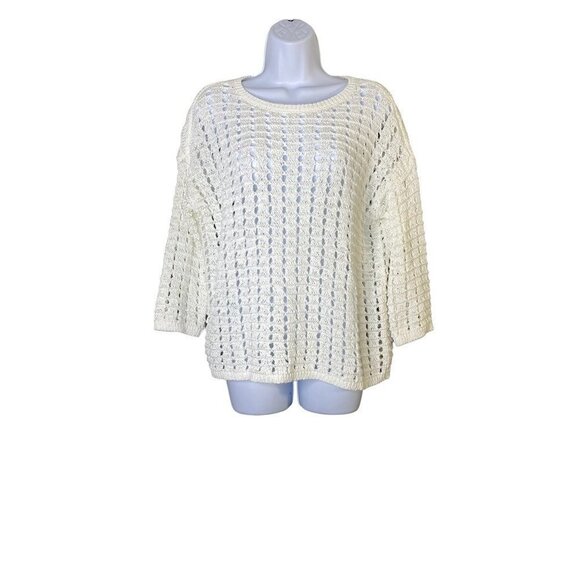Loft Womens Pullover Sweater White 3/4 Sleeve Jewel Neck Open Knit M New - Picture 1 of 7